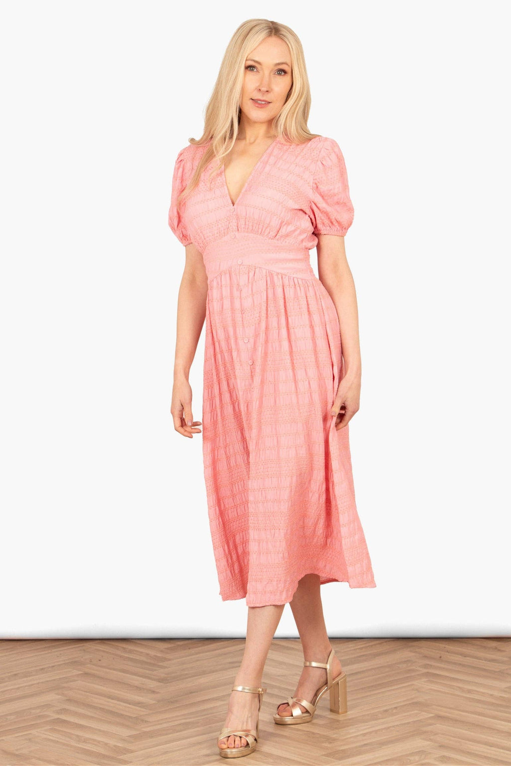 Oliva Button Front Midi Tea Dress - Coral, Asymmetric Stripe: Medium (UK 12-14)