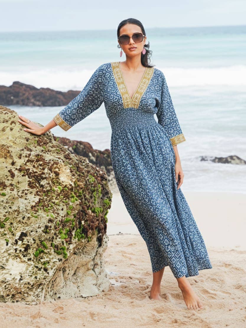 ARTISAN PRINT DESIGN - COTTON V-NECK MIDI DRESS