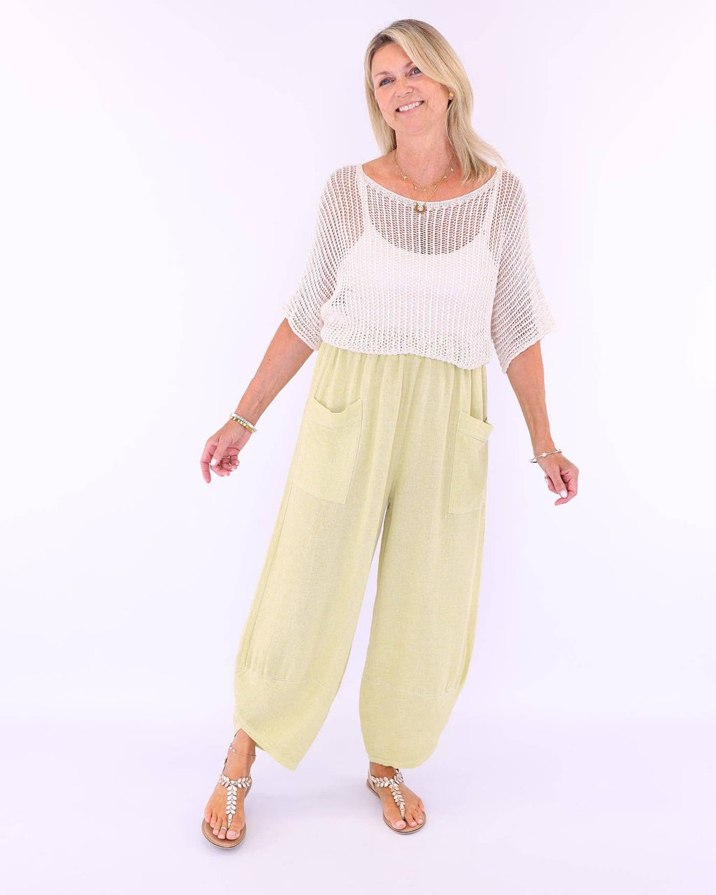 Linen and Cotton Blend Hareem Pants: White