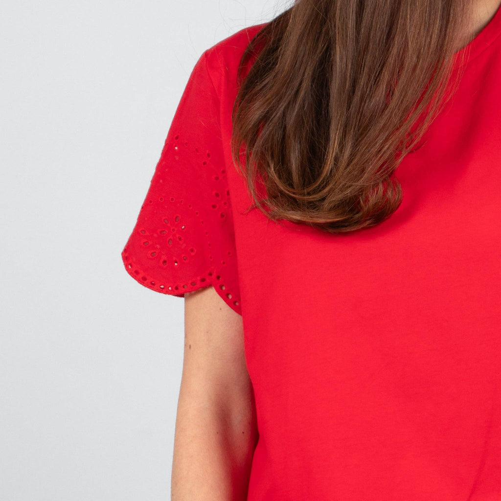 Bryn Cotton Short Sleeve Top - Red, Broderie Anglaise: Medium (UK 12-14)