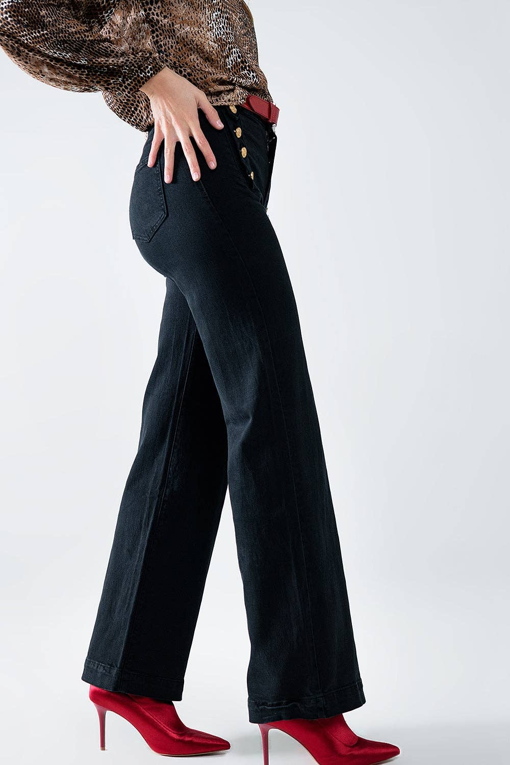 Straight Jeans With Gold Buttons At the Side in black