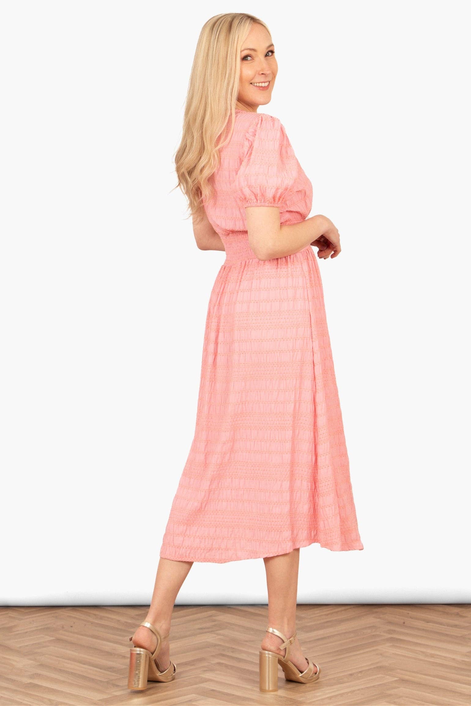 Oliva Button Front Midi Tea Dress - Coral, Asymmetric Stripe: Small (UK 8-10)