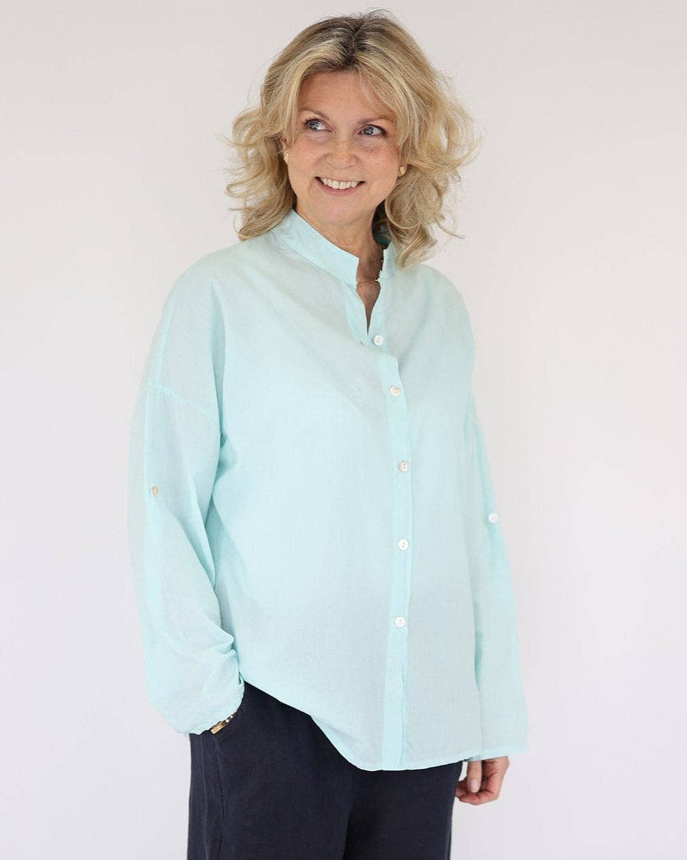 Cotton Grandad Style / Collarless  Shirt: Pink