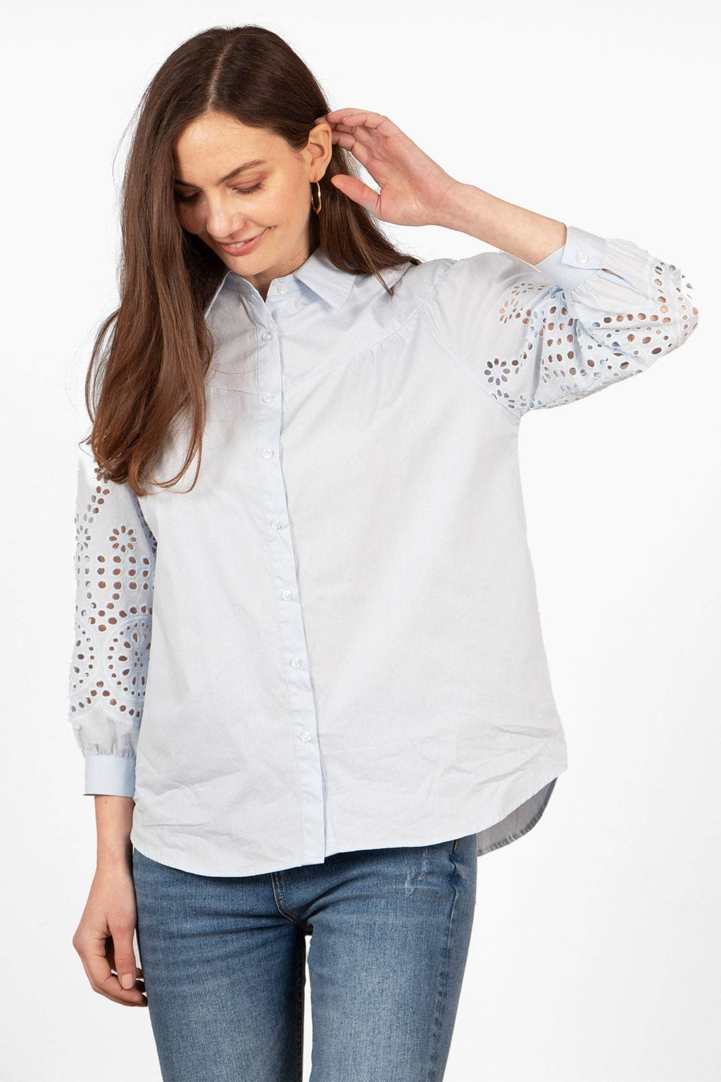 Anya Cotton Oversized Shirt - Blue, Cut-Out Broderie: Small (UK 8-10)