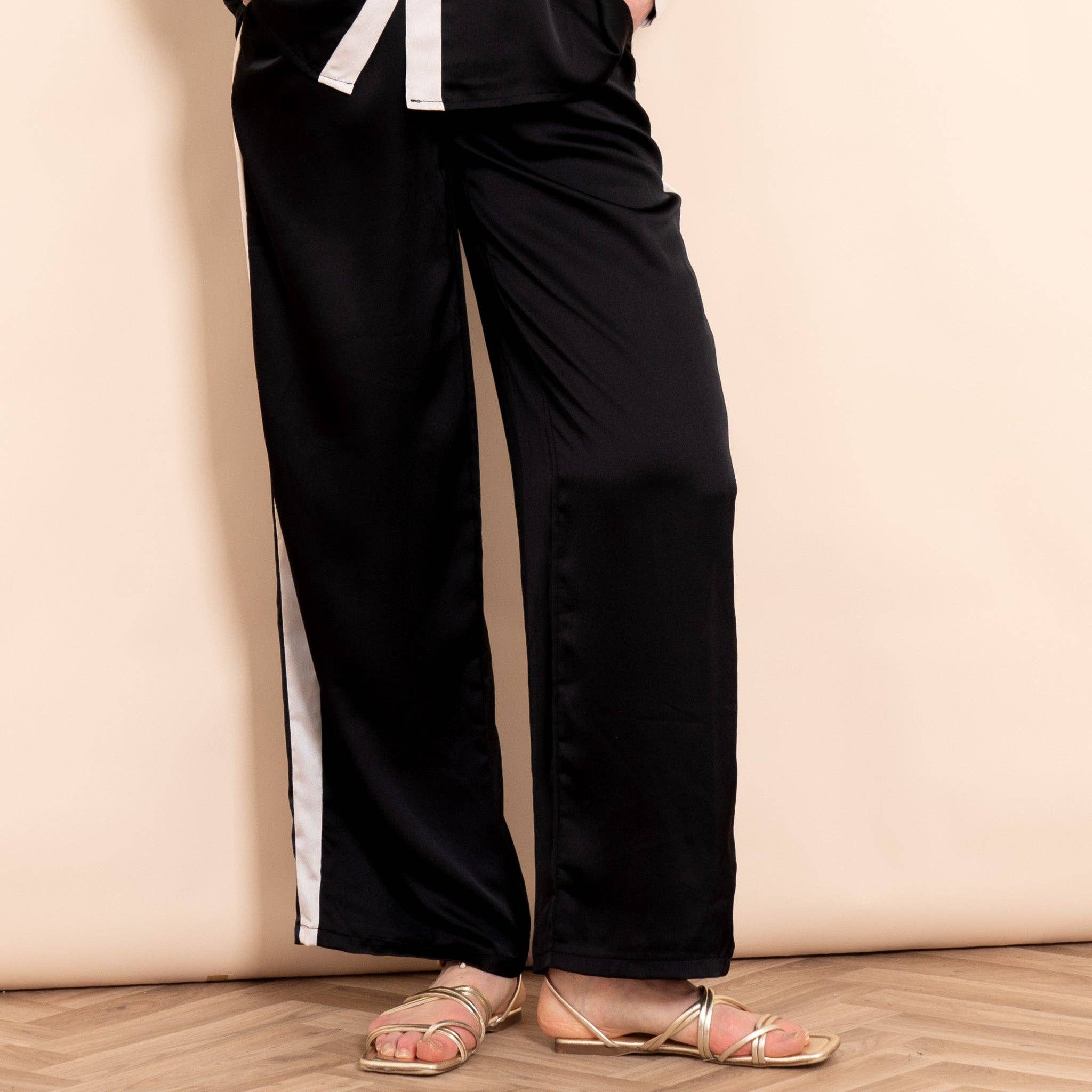 Sonnie Wide Leg Trousers - Black/Cream, Contrast Stripe: Small (UK 8-10)