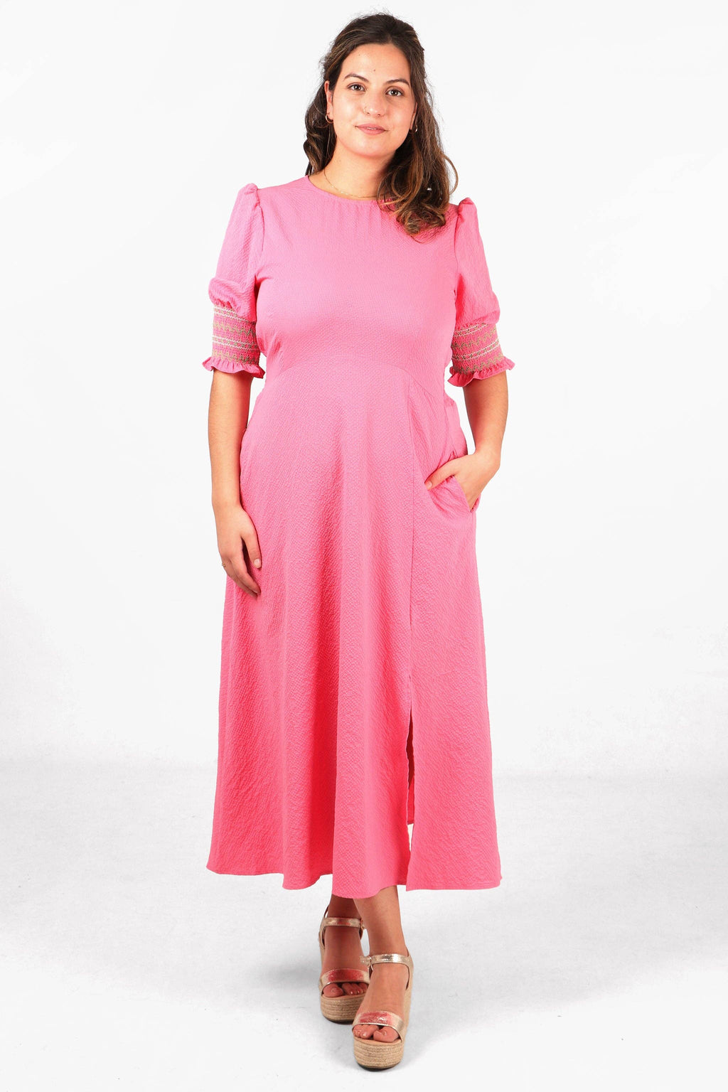 Puff Sleeve Midaxi Tea Dress - Pink: Small (8-10)