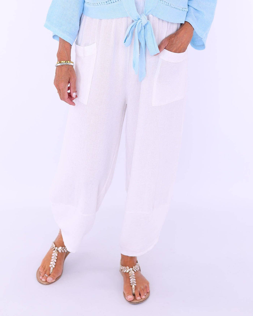 Linen and Cotton Blend Hareem Pants: White
