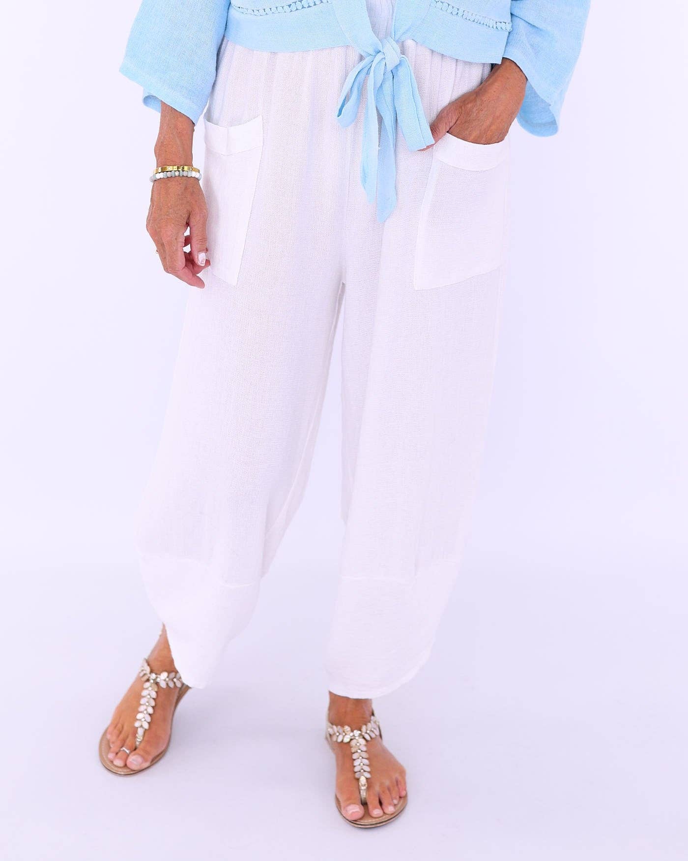 Linen and Cotton Blend Hareem Pants: White
