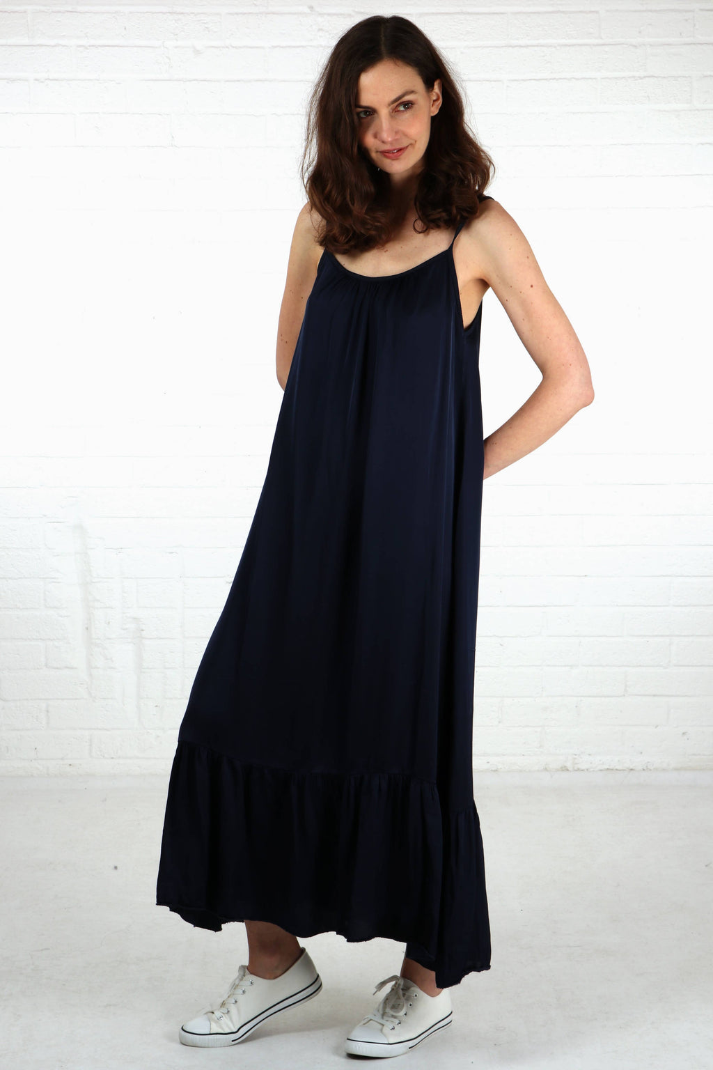 Silk Textured Strappy Tiered Maxi Dress in Navy Blue: Medium (12-14)