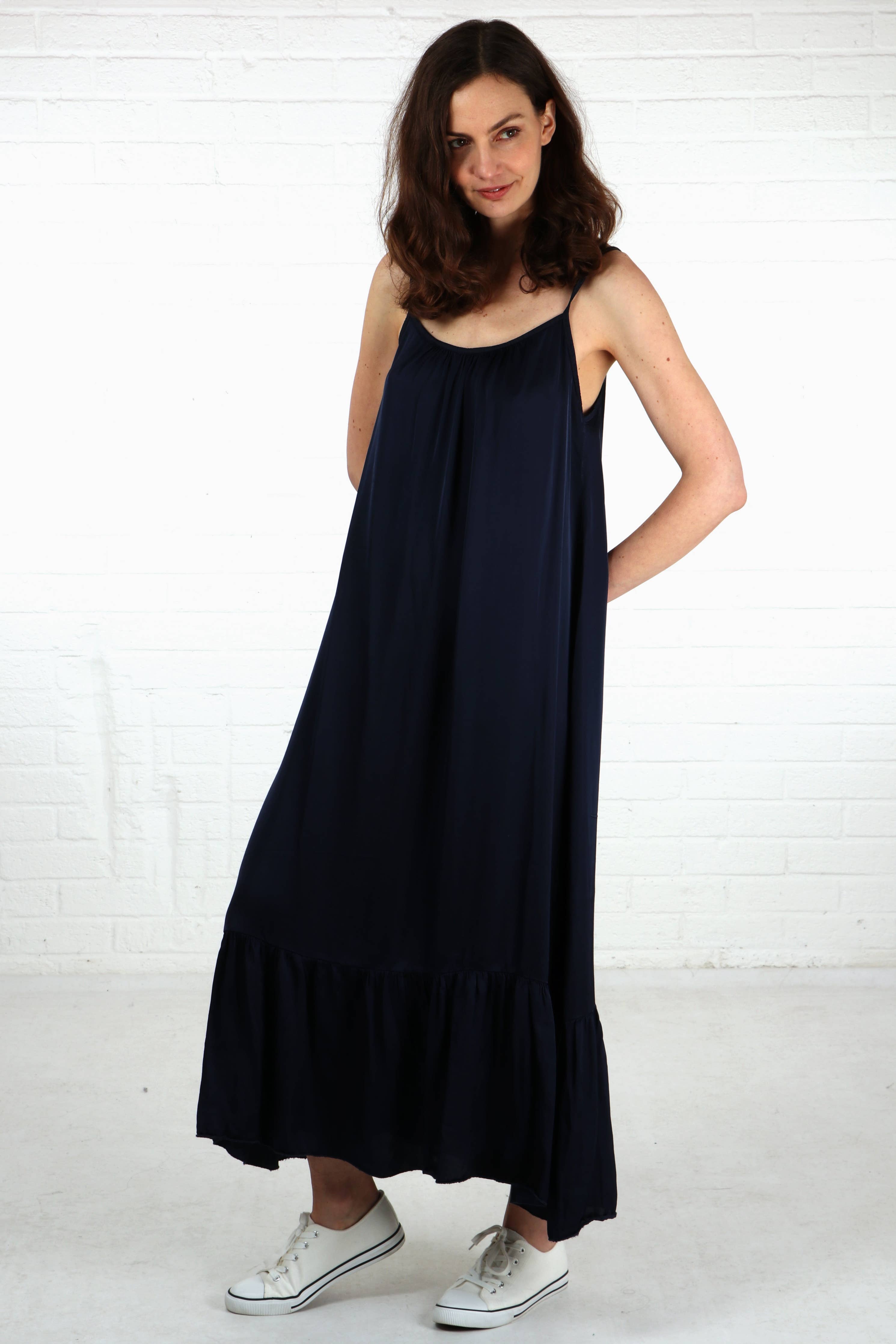Silk Textured Strappy Tiered Maxi Dress in Navy Blue: Medium (12-14)
