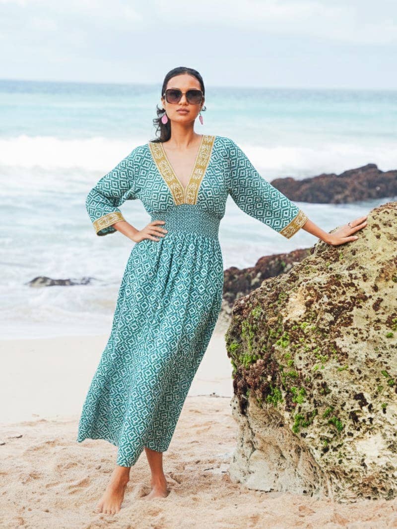 PRINTED COTTON V-NECK MIDI DRESS