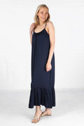 Silk Textured Strappy Tiered Maxi Dress in Navy Blue: Medium (12-14)