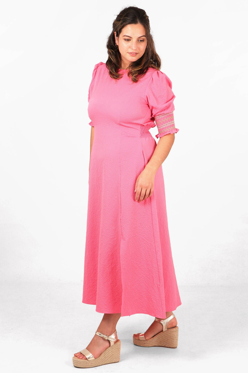 Puff Sleeve Midaxi Tea Dress - Pink: Small (8-10)