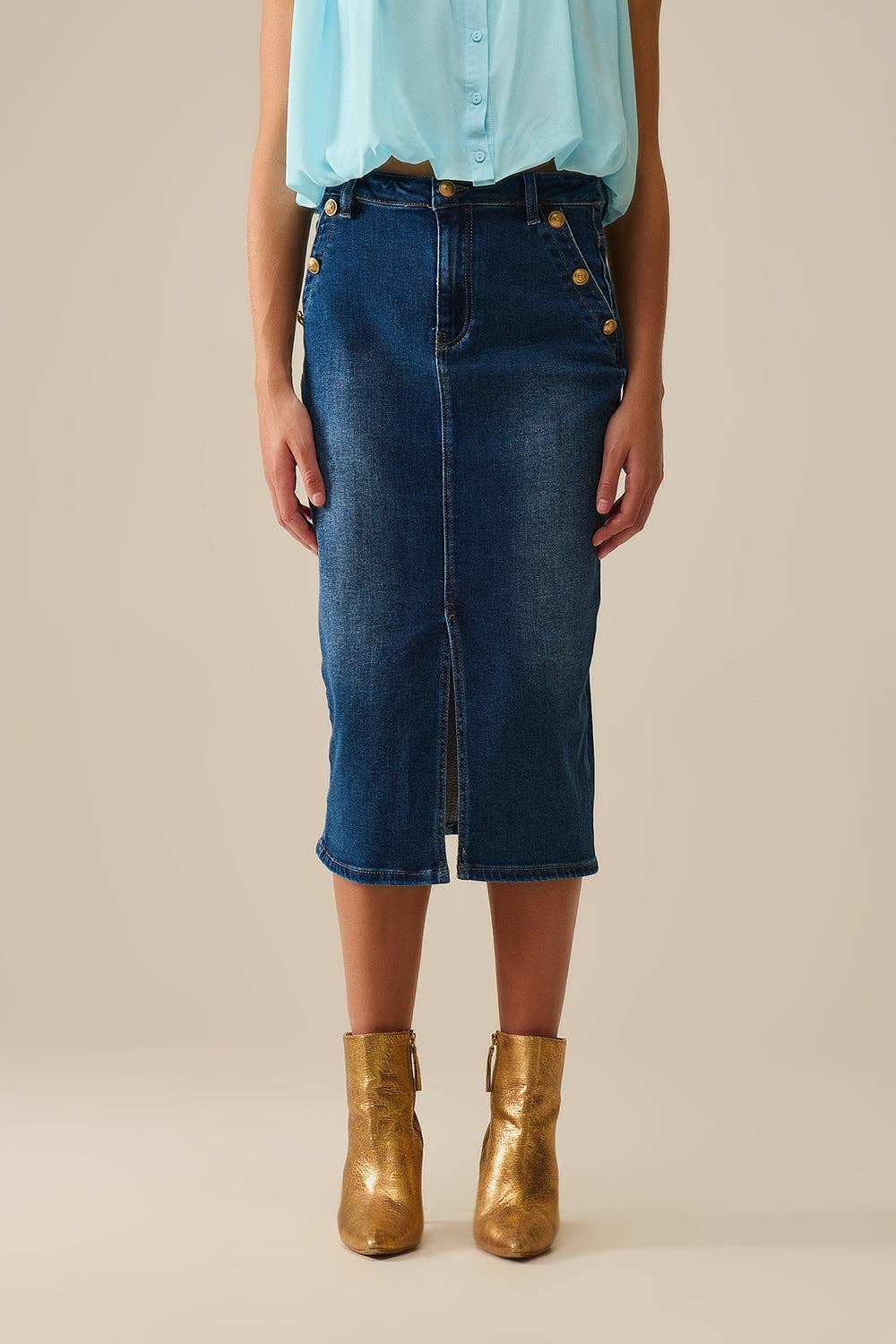 Stretch Denim Midi Skirt With Gold Button Details