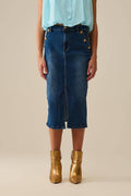 Stretch Denim Midi Skirt With Gold Button Details