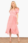 Oliva Button Front Midi Tea Dress - Coral, Asymmetric Stripe: Small (UK 8-10)