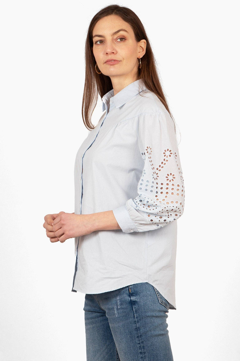 Anya Cotton Oversized Shirt - Blue, Cut-Out Broderie: Small (UK 8-10)