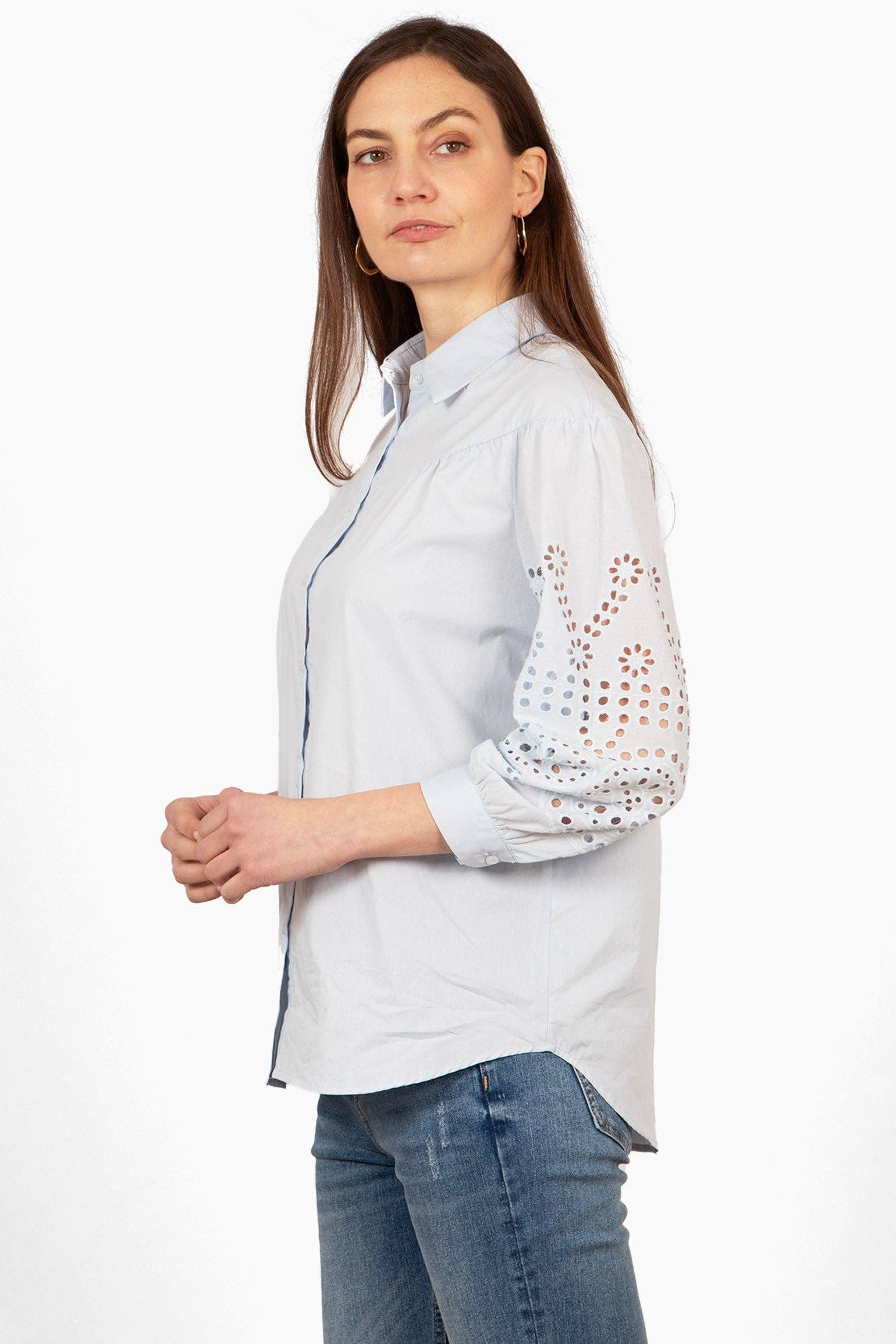 Anya Cotton Oversized Shirt - Blue, Cut-Out Broderie: Small (UK 8-10)