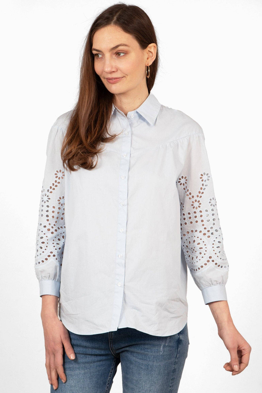 Anya Cotton Oversized Shirt - Blue, Cut-Out Broderie: Small (UK 8-10)