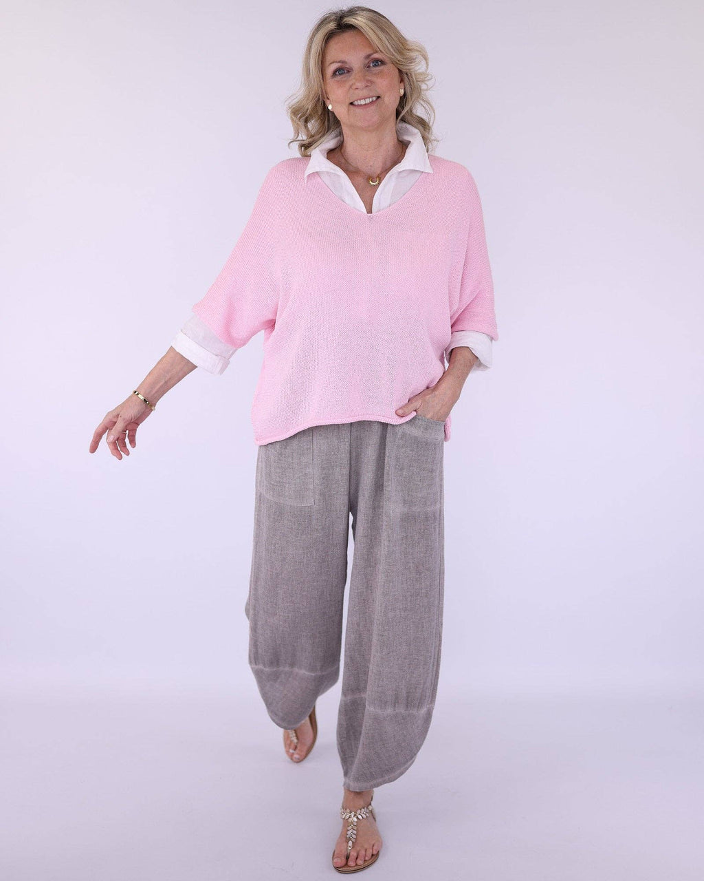 Linen and Cotton Blend Hareem Pants: White