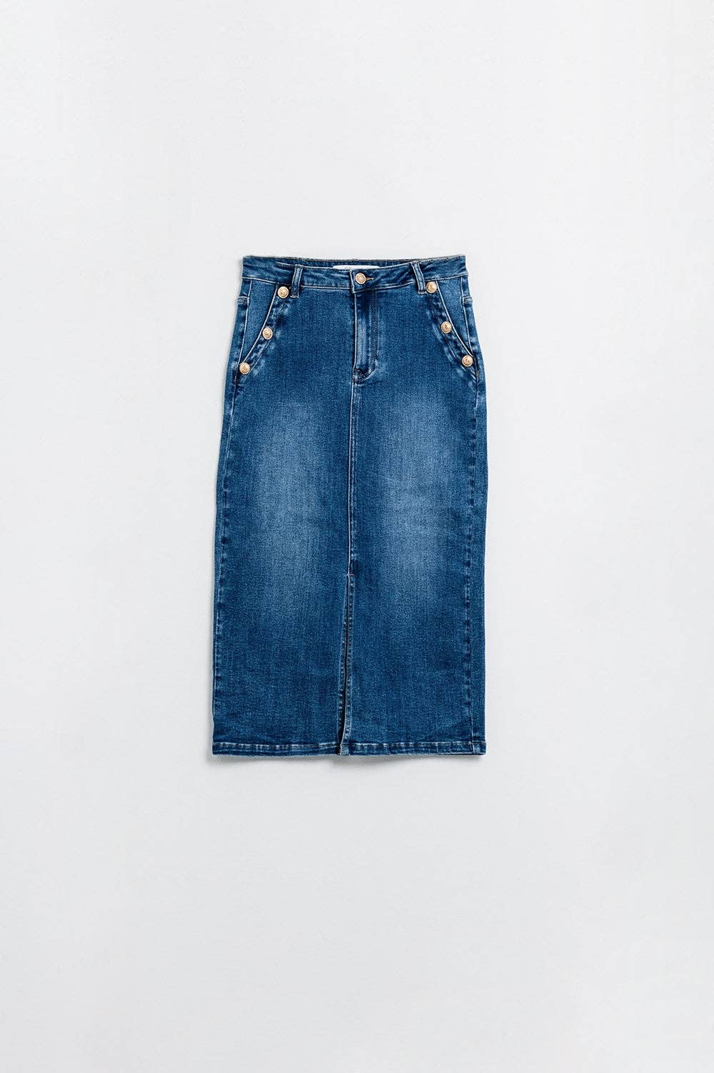 Stretch Denim Midi Skirt With Gold Button Details