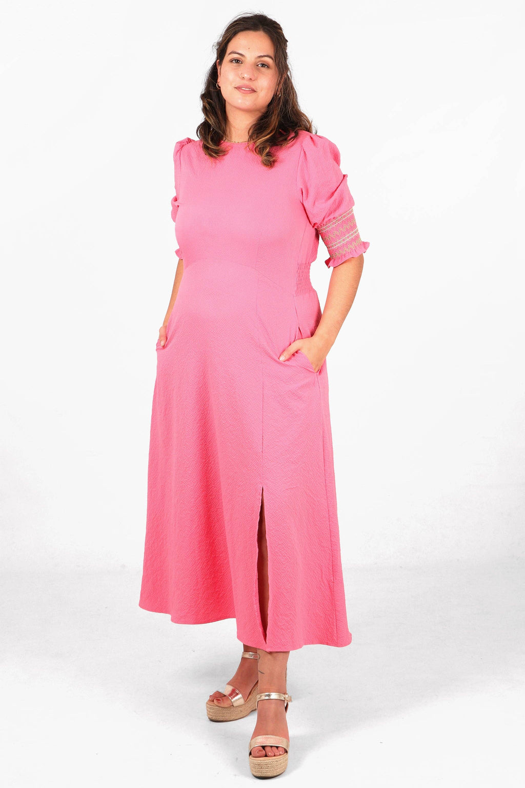 Puff Sleeve Midaxi Tea Dress - Pink: Small (8-10)