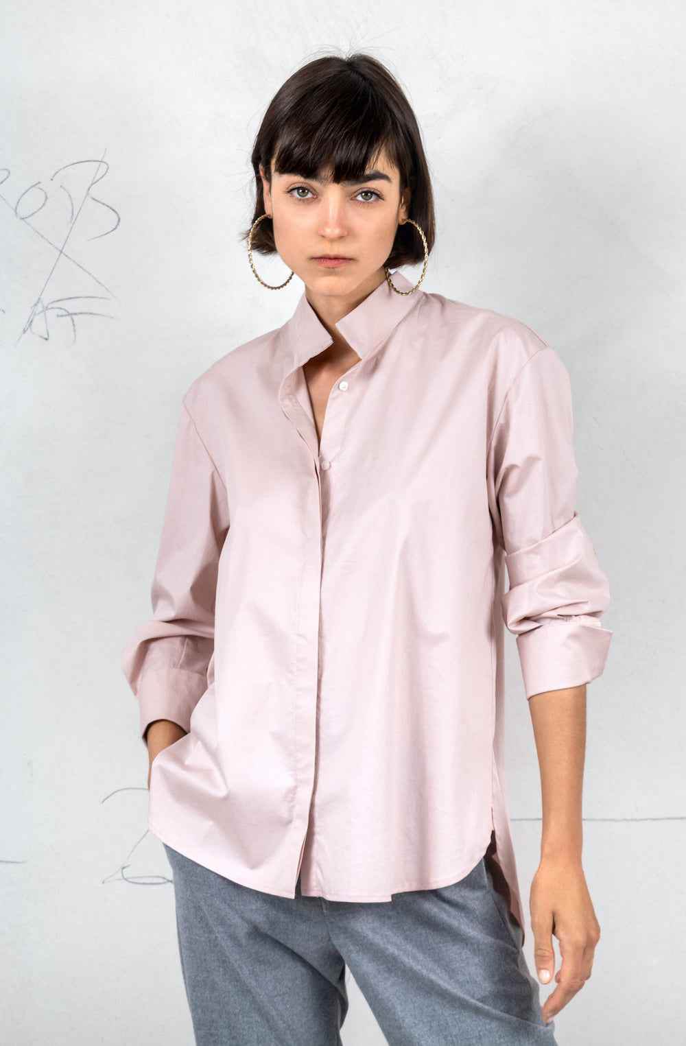 SPOON. Stretch Cotton Blouse — Pale Powder Rose / Size S