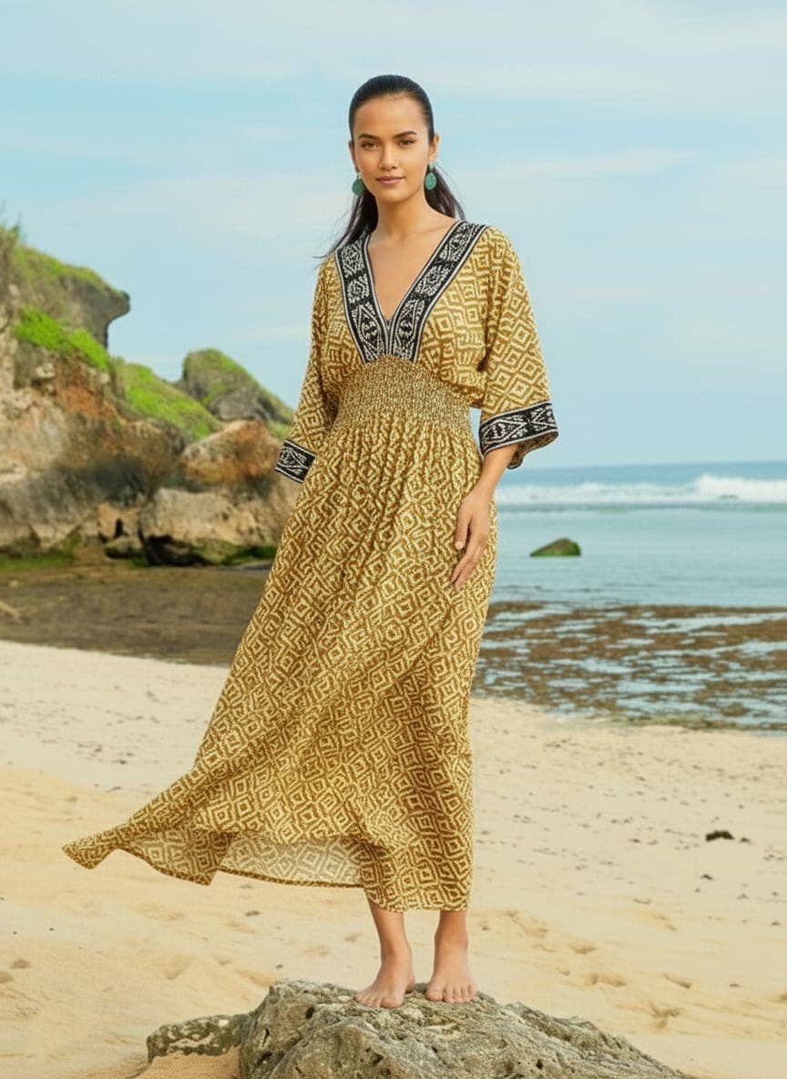 PRINTED COTTON V-NECK MIDI DRESS