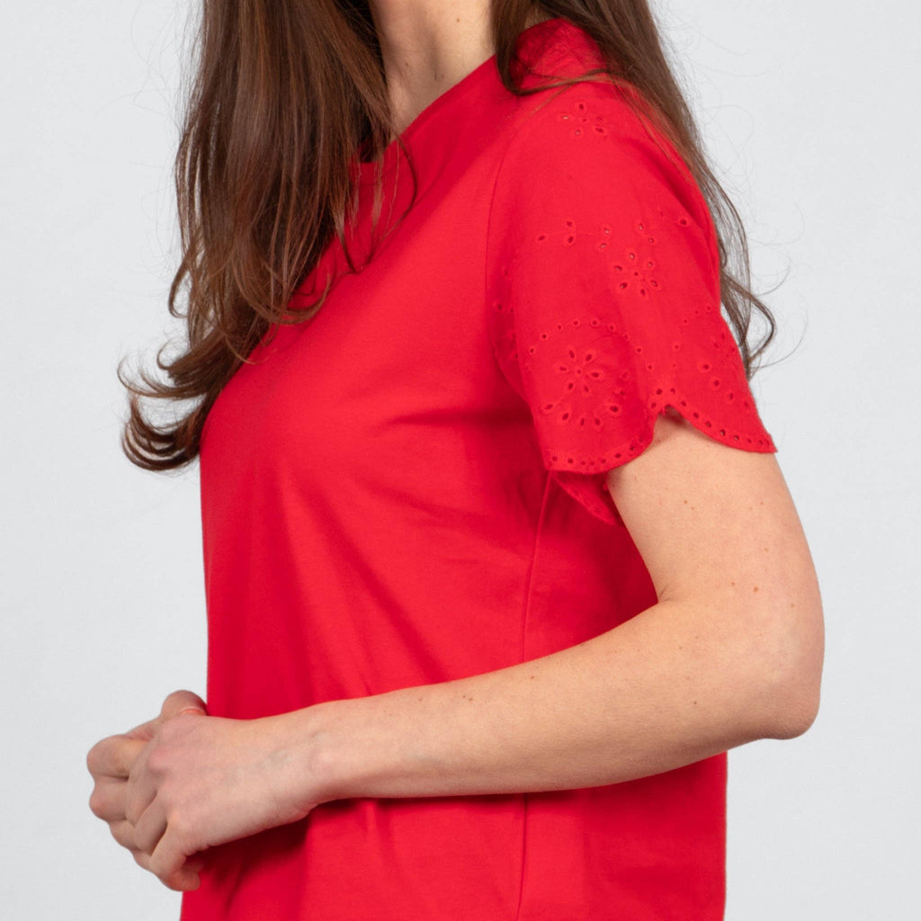 Bryn Cotton Short Sleeve Top - Red, Broderie Anglaise: Large (UK 16-18)