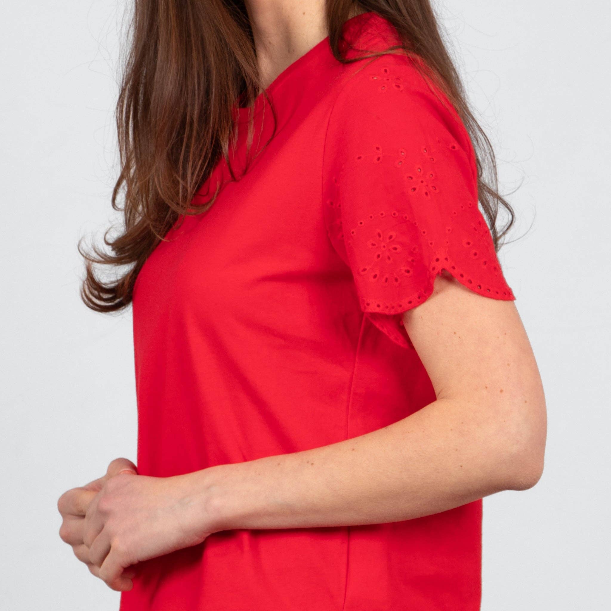 Bryn Cotton Short Sleeve Top - Red, Broderie Anglaise: Large (UK 16-18)
