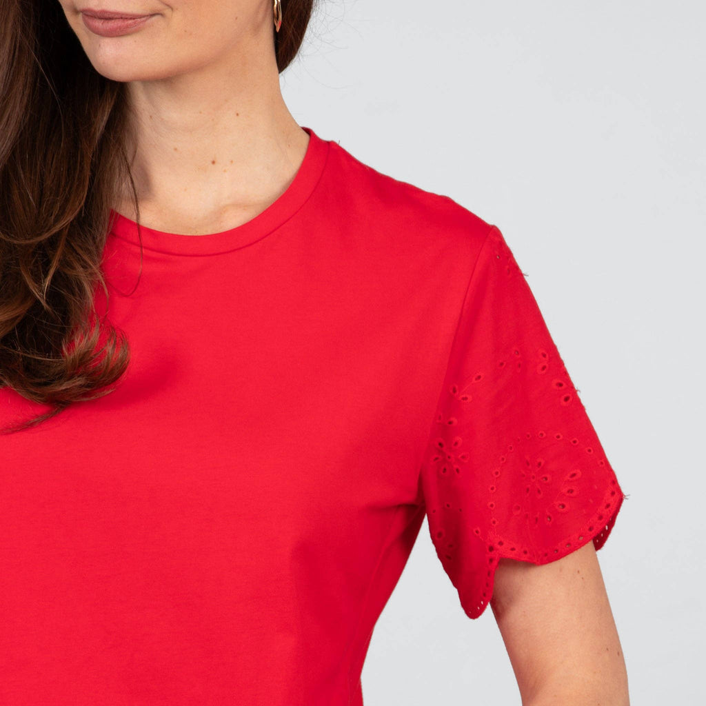 Bryn Cotton Short Sleeve Top - Red, Broderie Anglaise: Large (UK 16-18)