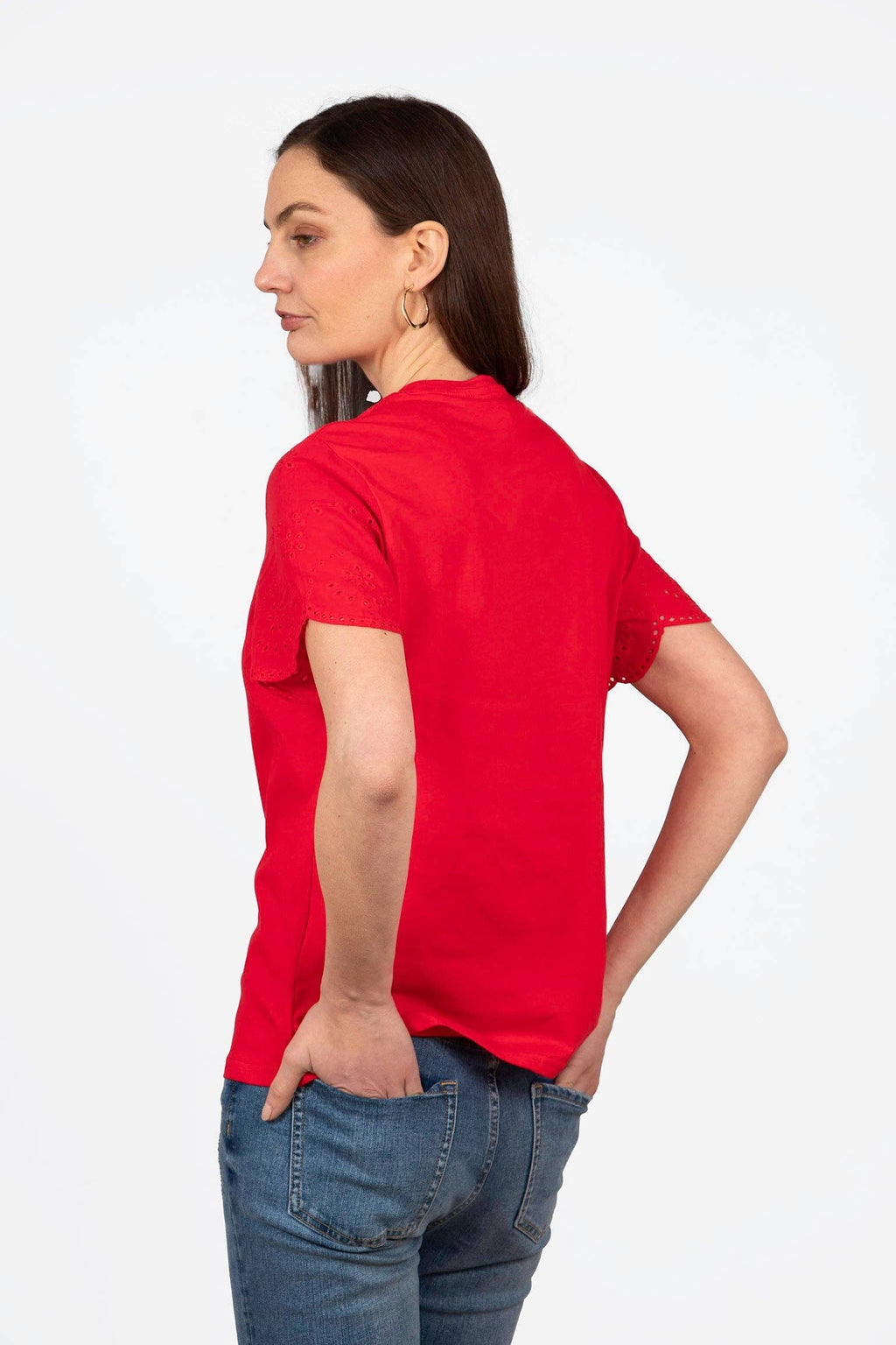 Bryn Cotton Short Sleeve Top - Red, Broderie Anglaise: Medium (UK 12-14)