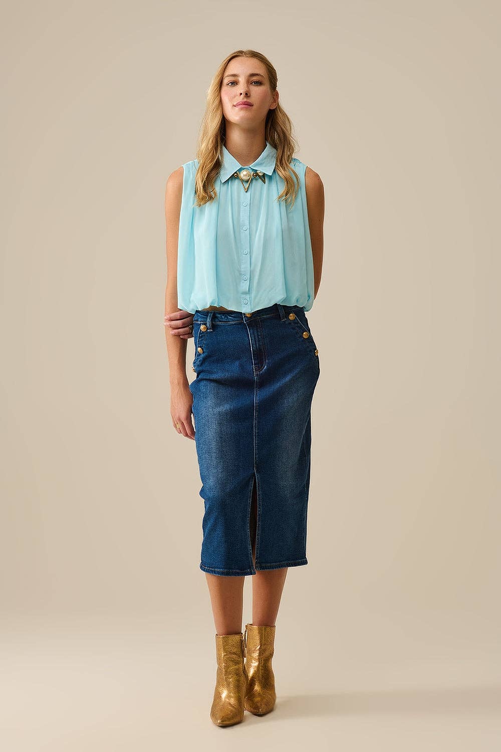 Stretch Denim Midi Skirt With Gold Button Details