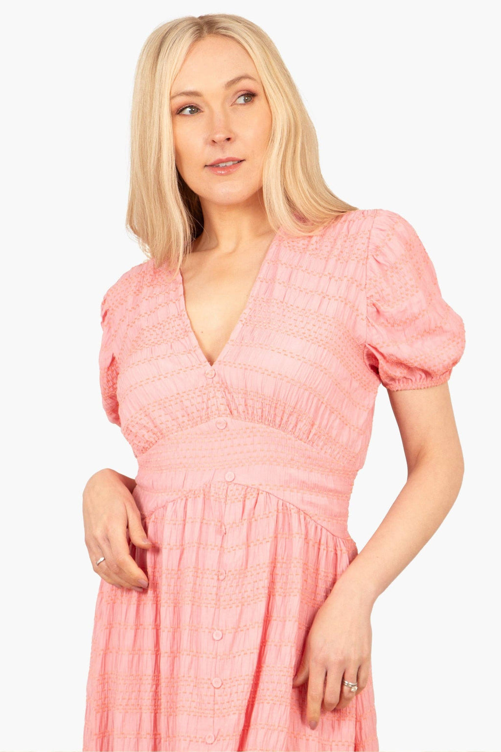 Oliva Button Front Midi Tea Dress - Coral, Asymmetric Stripe: Medium (UK 12-14)