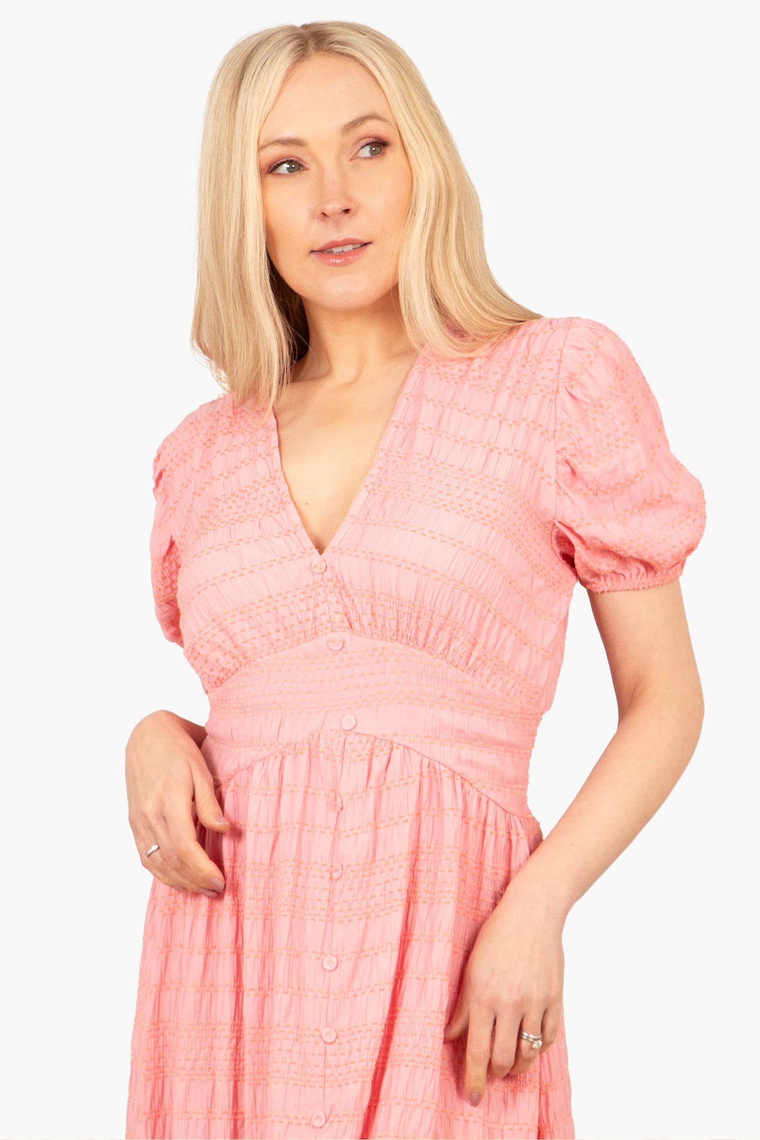 Oliva Button Front Midi Tea Dress - Coral, Asymmetric Stripe: Medium (UK 12-14)