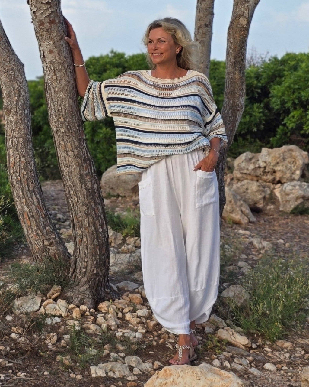 Linen and Cotton Blend Hareem Pants: White