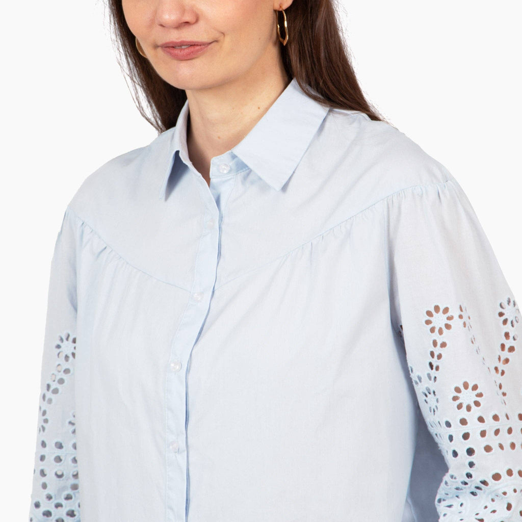 Anya Cotton Oversized Shirt - Blue, Cut-Out Broderie: Small (UK 8-10)