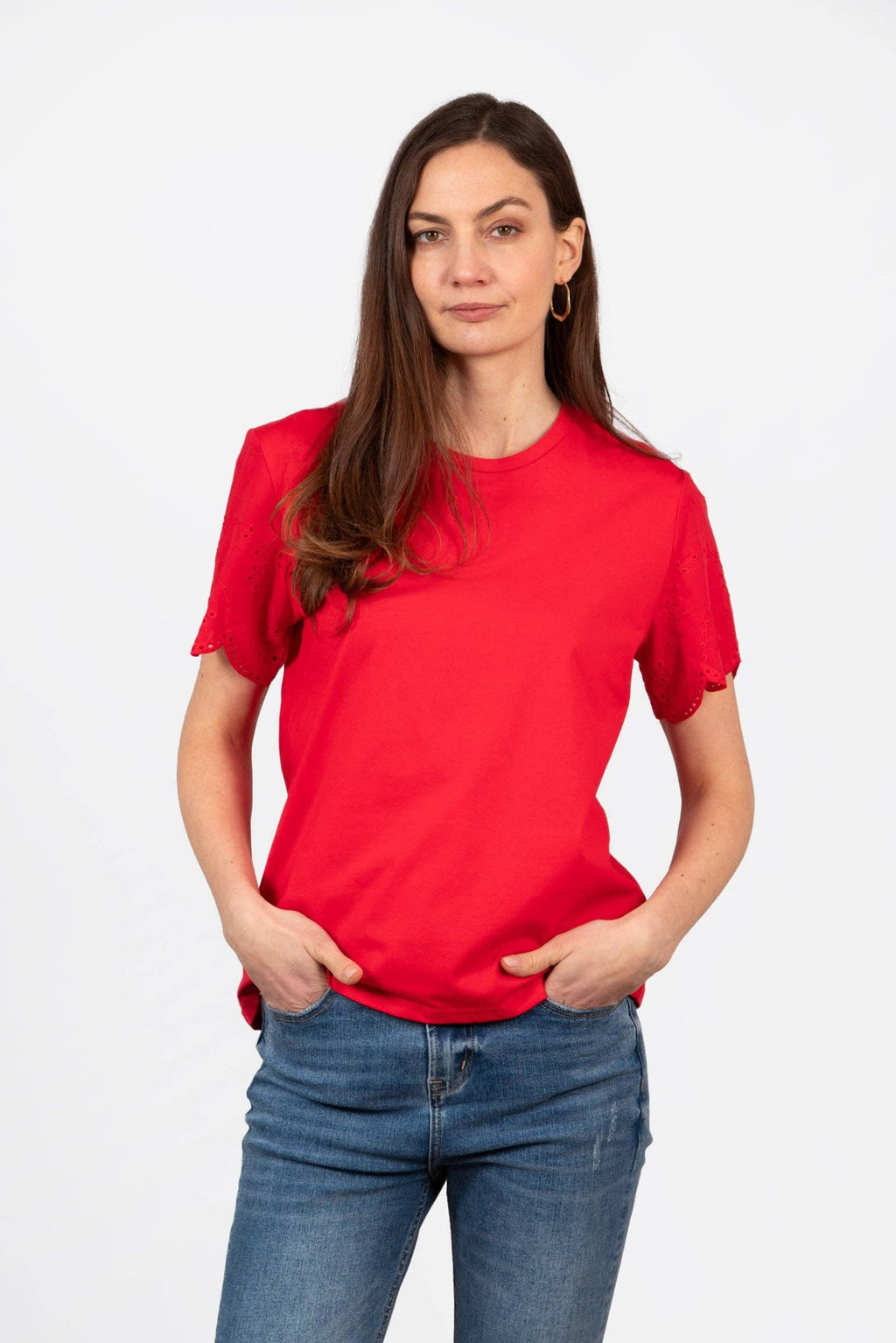 Bryn Cotton Short Sleeve Top - Red, Broderie Anglaise: Medium (UK 12-14)