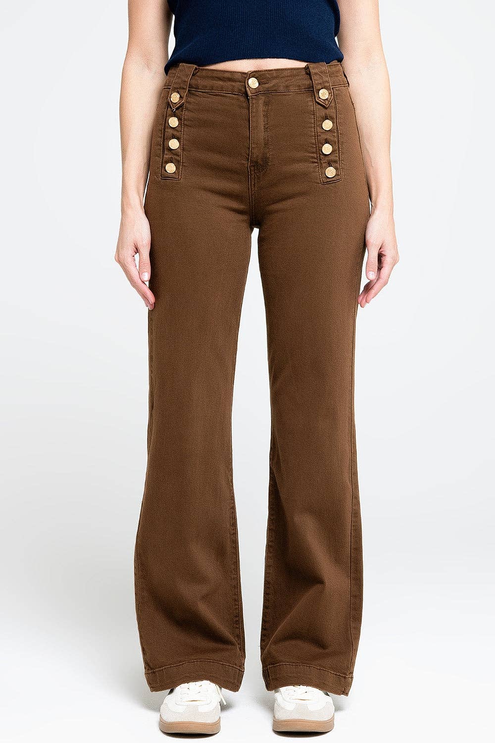 Straight Jeans With Gold Buttons At the Side in Brown / Medium