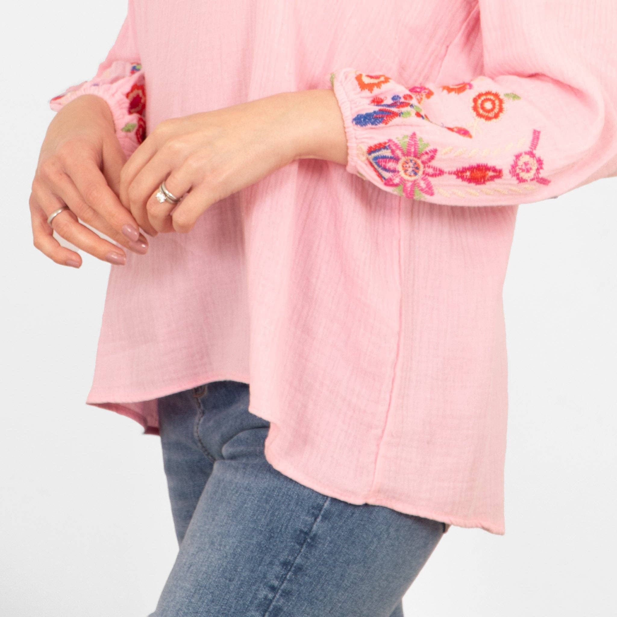 Honey Long Sleeve Cotton Blouse - Pink, Floral Embroidery: Medium (UK 12-14)