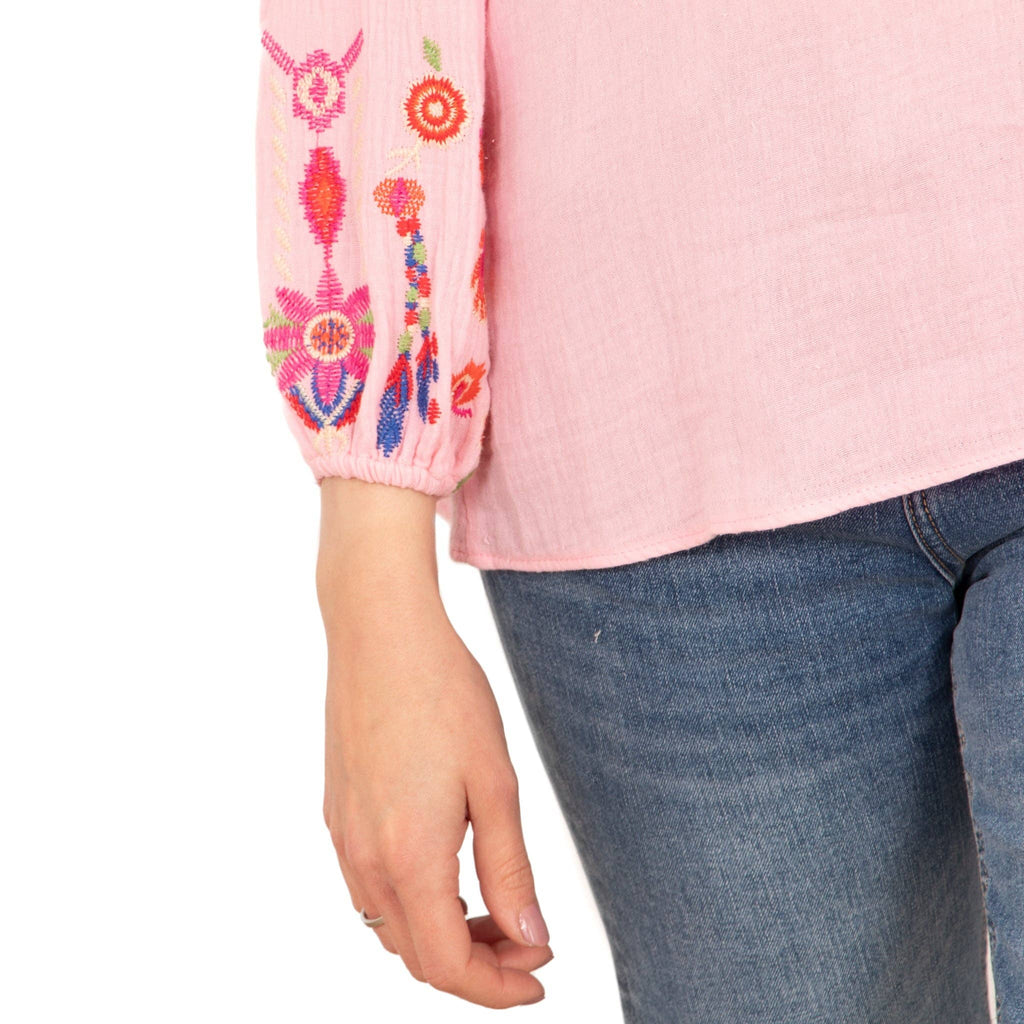 Honey Long Sleeve Cotton Blouse - Pink, Floral Embroidery: Large (UK 16-18)