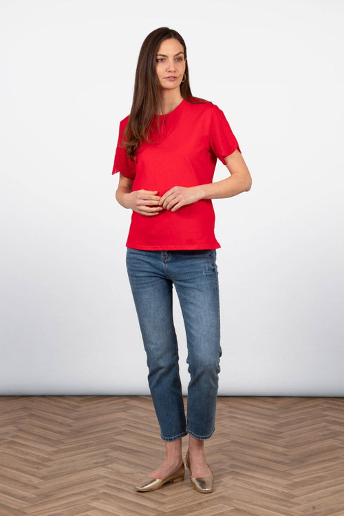 Bryn Cotton Short Sleeve Top - Red, Broderie Anglaise: Medium (UK 12-14)