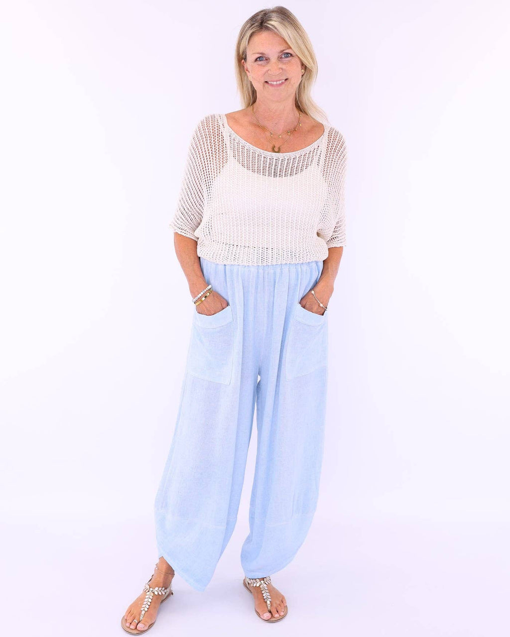 Linen and Cotton Blend Hareem Pants: White