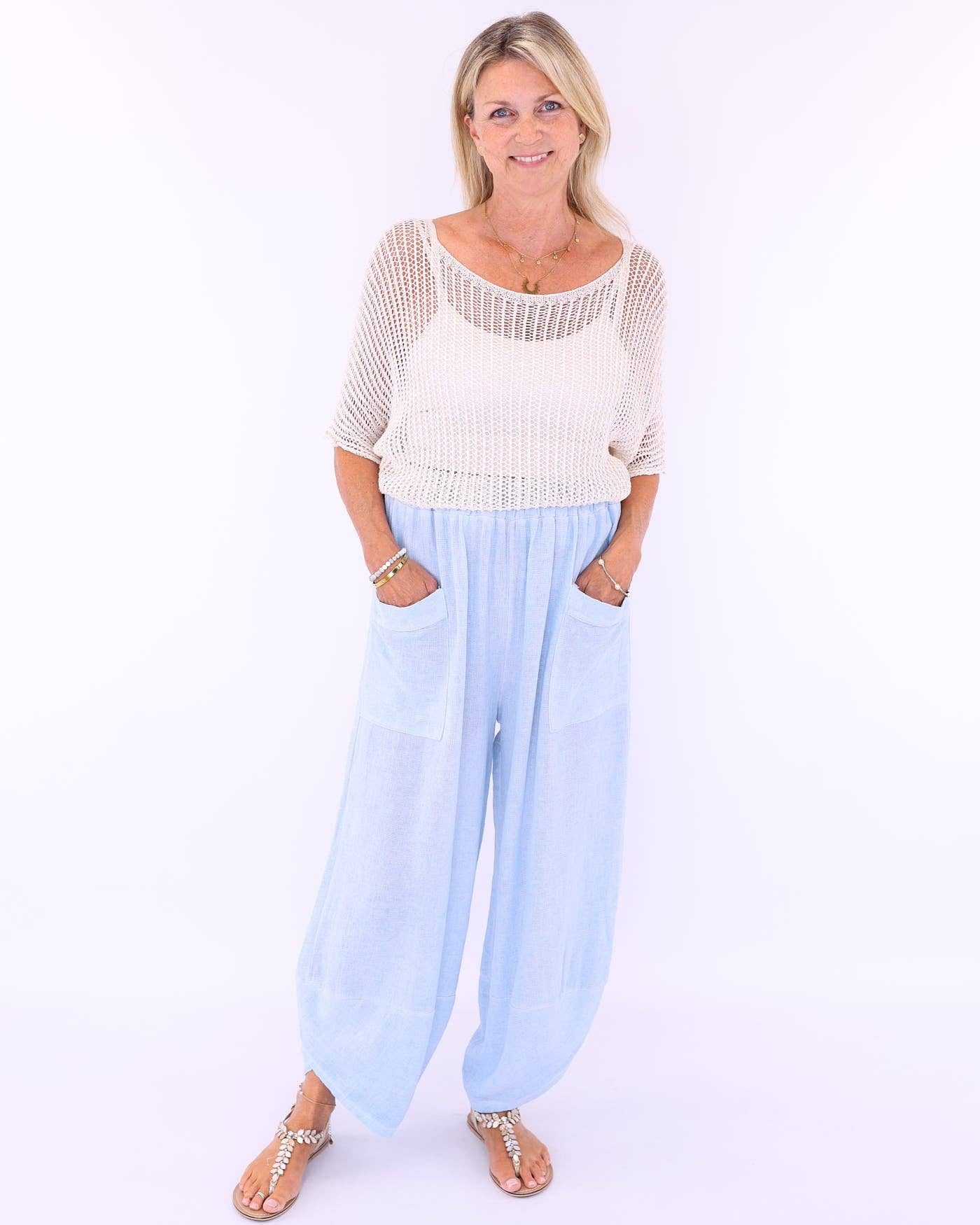 Linen and Cotton Blend Hareem Pants: White