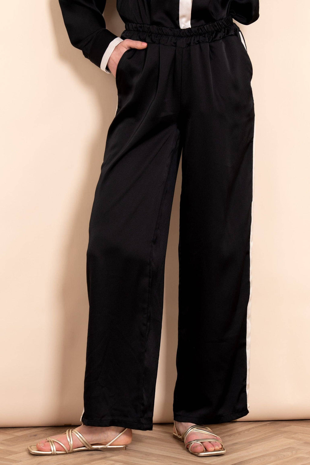 Sonnie Wide Leg Trousers - Black/Cream, Contrast Stripe: Small (UK 8-10)
