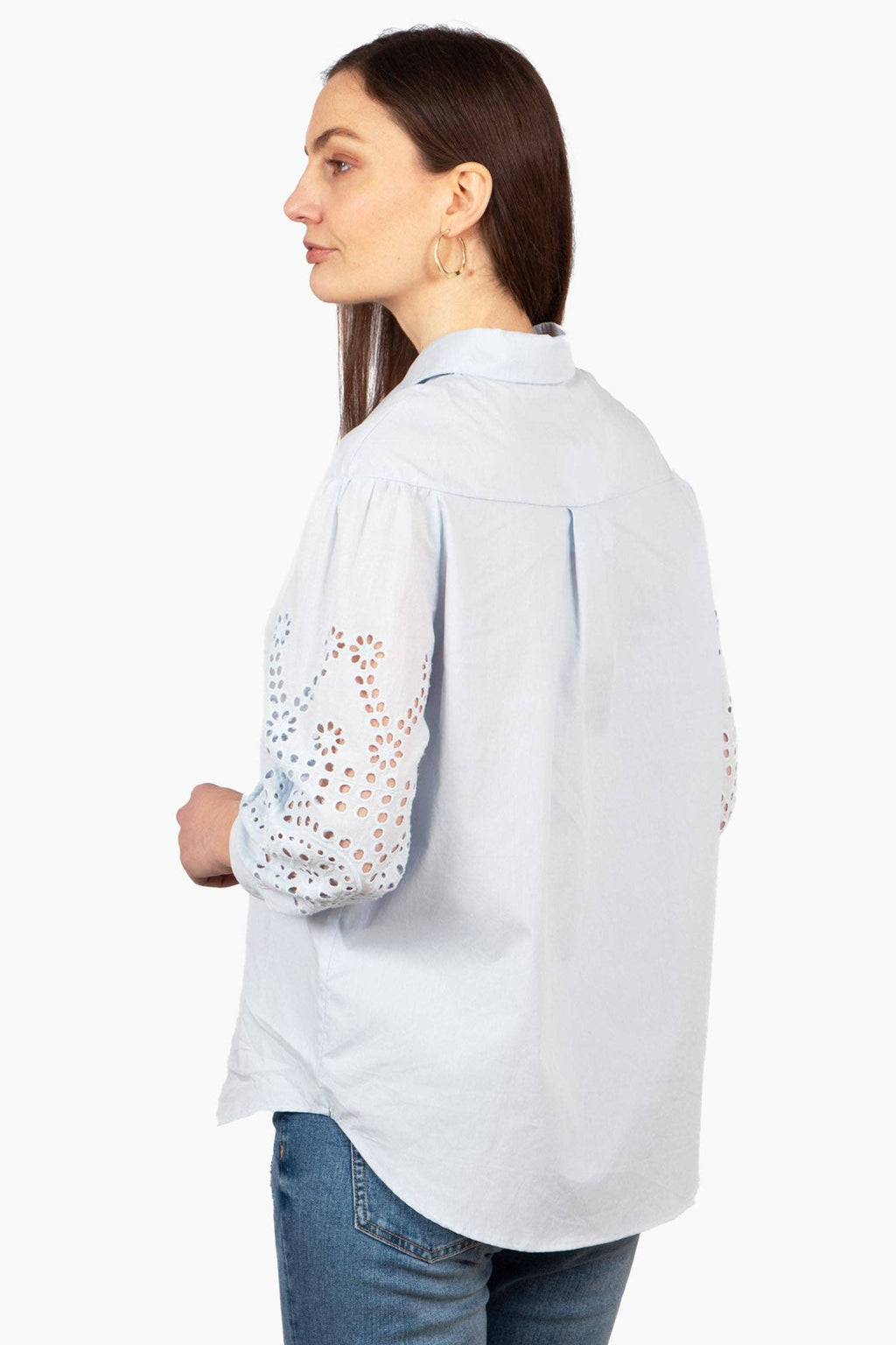 Anya Cotton Oversized Shirt - Blue, Cut-Out Broderie: Small (UK 8-10)
