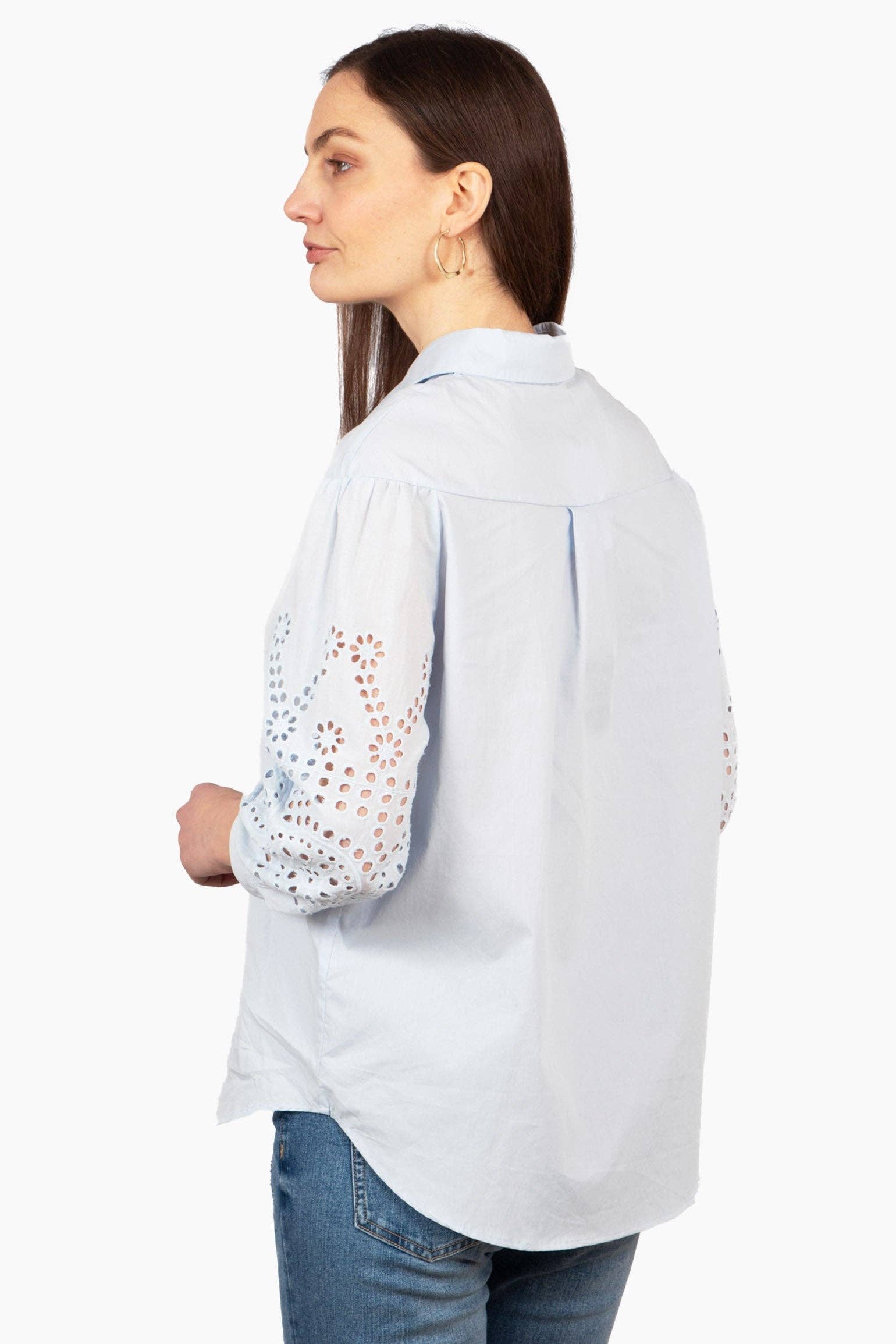 Anya Cotton Oversized Shirt - Blue, Cut-Out Broderie: Small (UK 8-10)