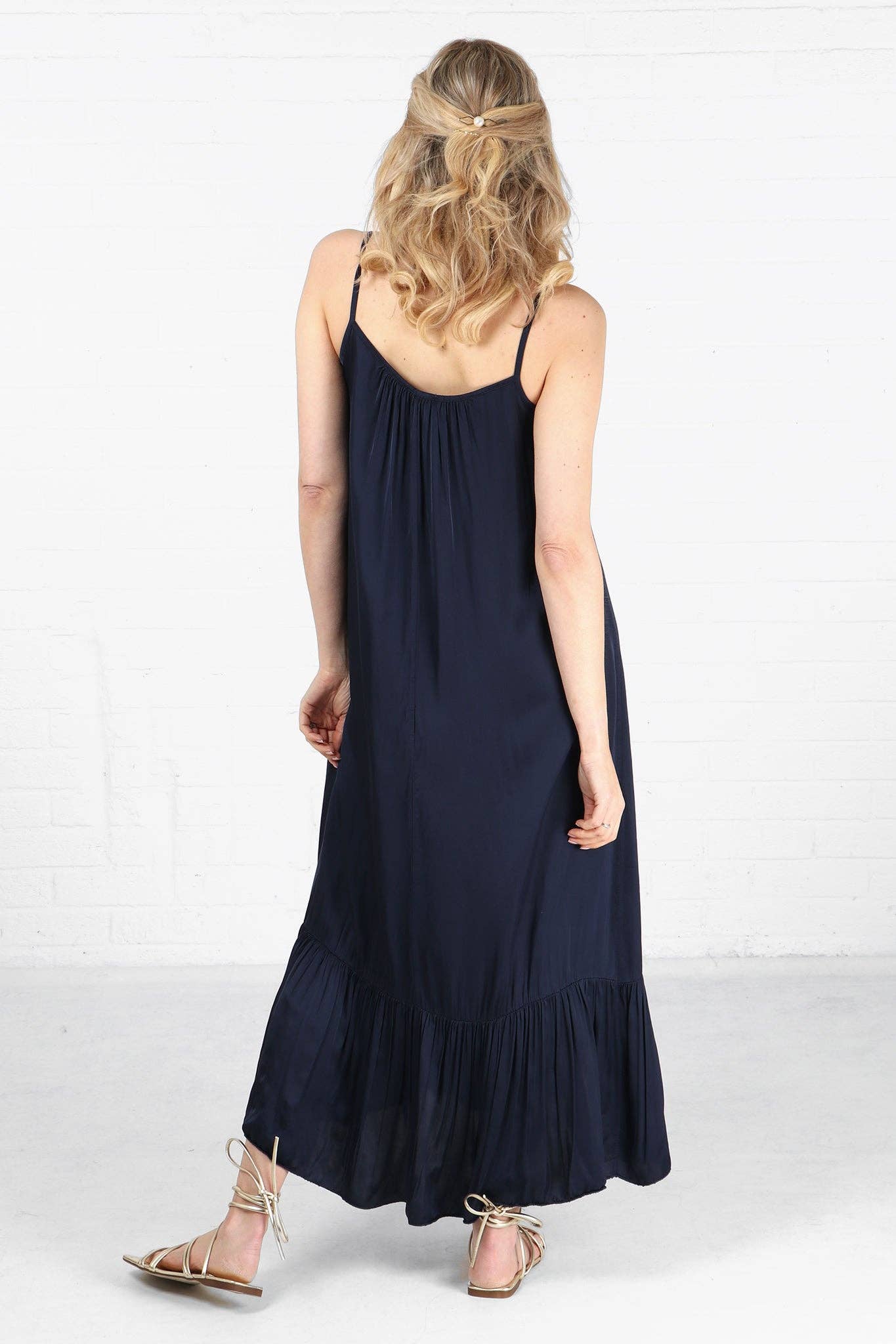 Silk Textured Strappy Tiered Maxi Dress in Navy Blue: Small (8-10)