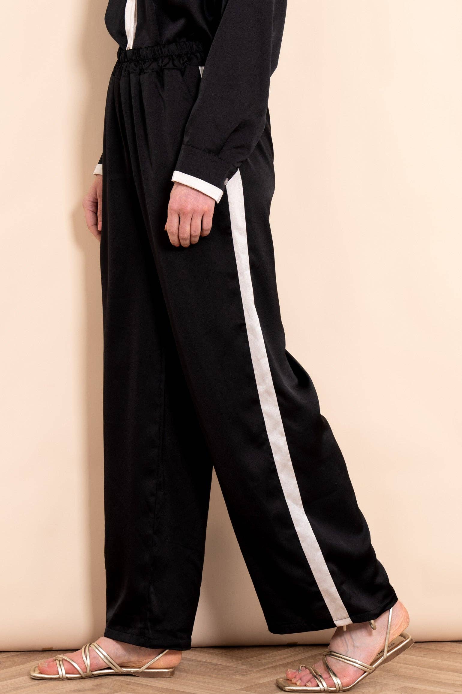 Sonnie Wide Leg Trousers - Black/Cream, Contrast Stripe: Small (UK 8-10)