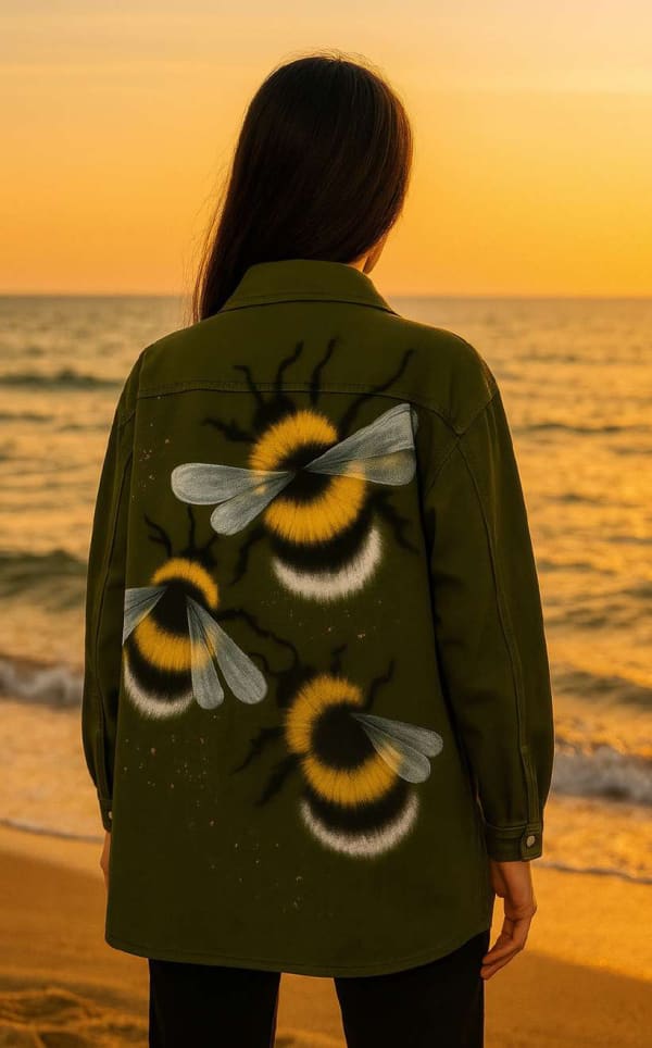 SORENA Hand-Painted Bee Jacket – Khaki Cotton Overshirt / Jacket